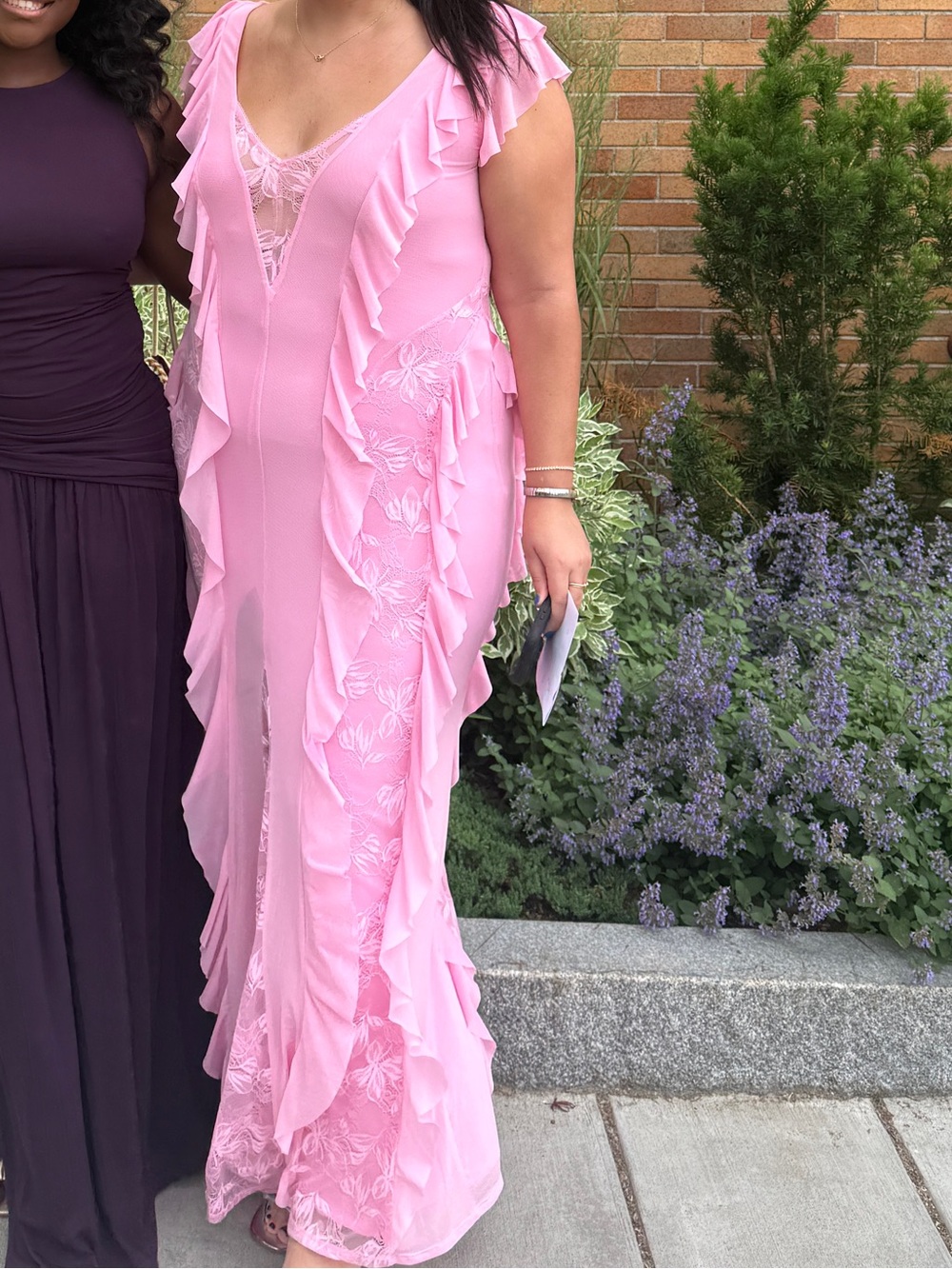AFRM Pink Ruffled Lace-Accent Maxi Dress